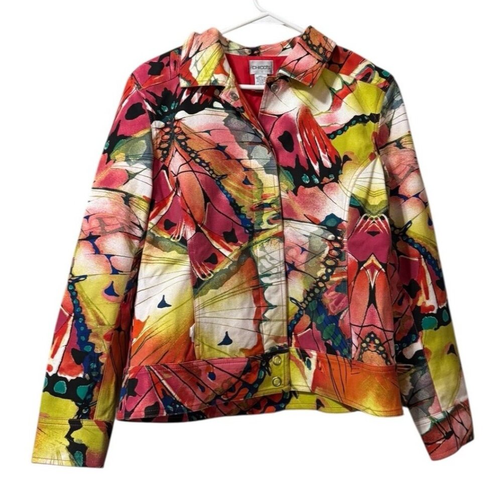 Chico's Women Jacket Suze 1 Orange Floral Snap Front Colorful Classic Business